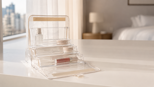Clear travel beauty organizer reducing makeup bag clutter with separated compartments.