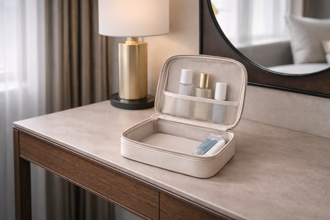 ravel beauty organizer arranged for efficient carry-on packing and quick access.