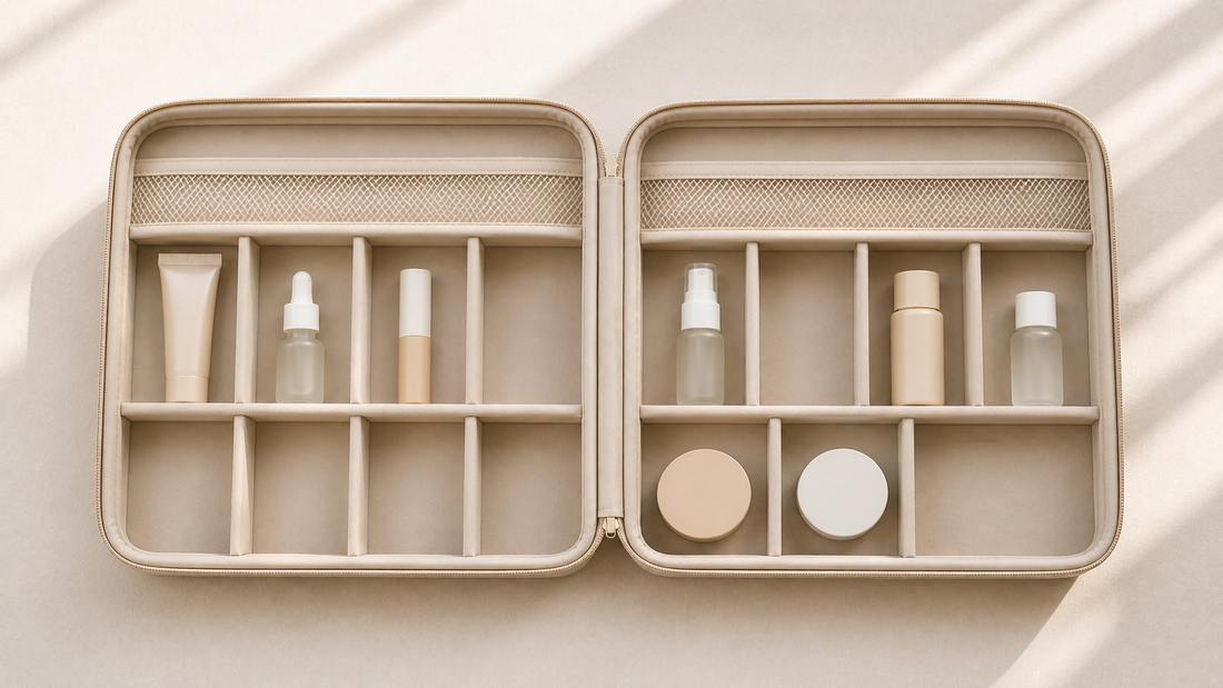 Travel beauty organizer with consistent item placement and spacing.