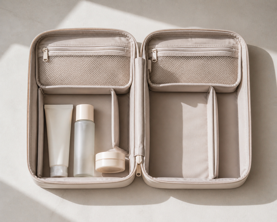 Travel beauty organizer with separate daily and backup sections