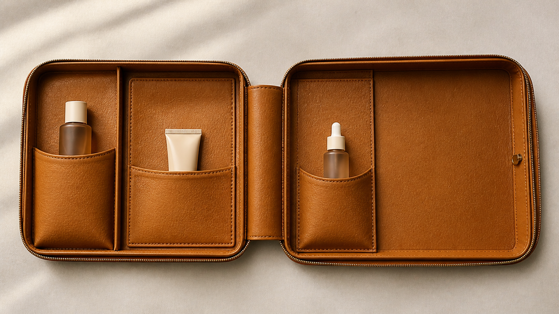 Travel beauty setup with simplified layout and minimal items for faster packing decisions