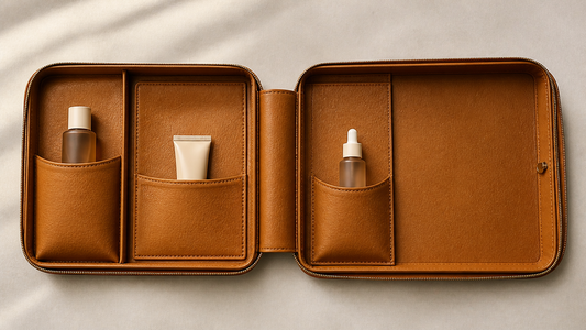 Travel beauty setup with simplified layout and minimal items for faster packing decisions