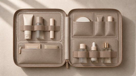 Travel beauty organizer grouping frequently used items with clear spacing for easy access
