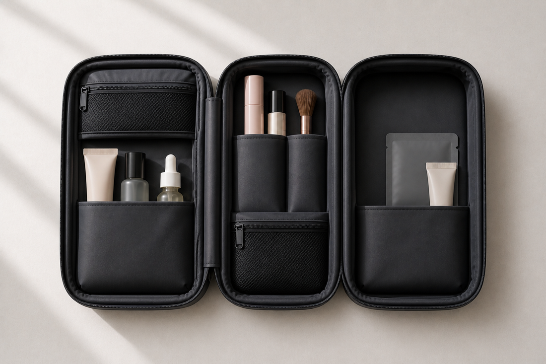 Travel beauty grouping system with structured spacing for faster packing and access