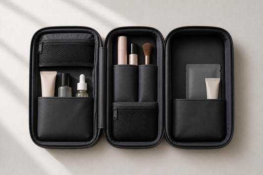 Travel beauty grouping system with structured spacing for faster packing and access