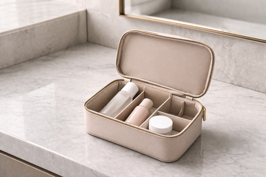 Travel beauty organizer arranged in a structured layout for hotel bathroom use.