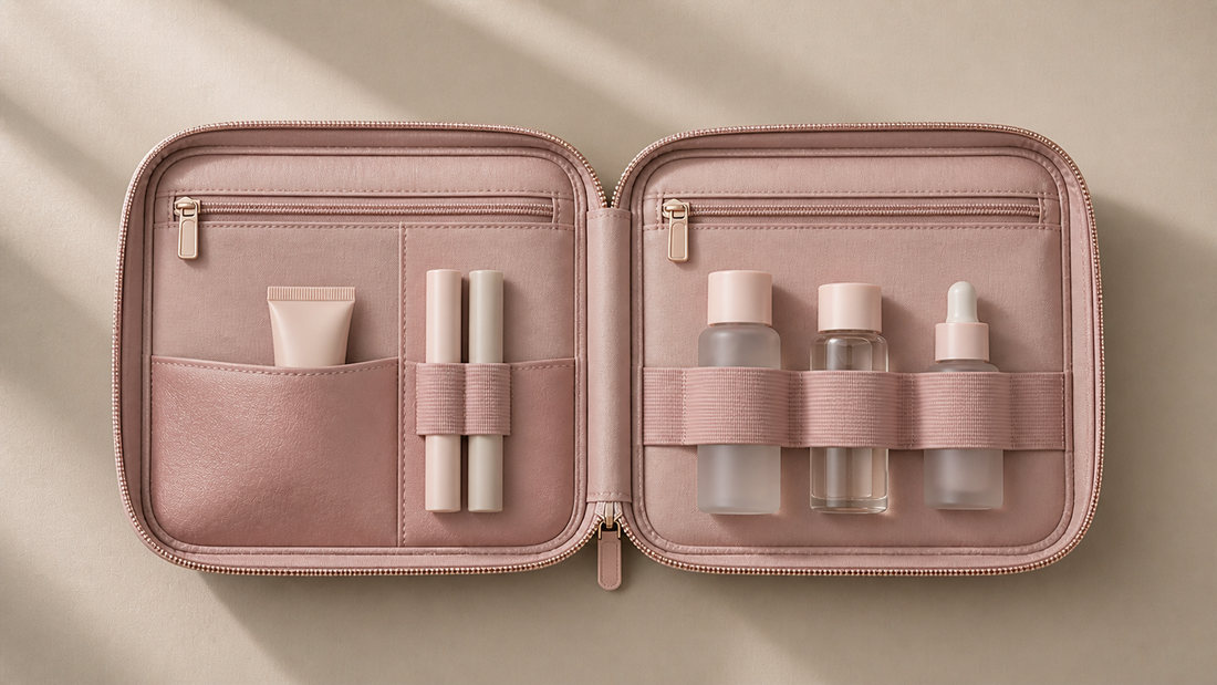 Travel beauty organizer with consistent structure and stable item placement during travel