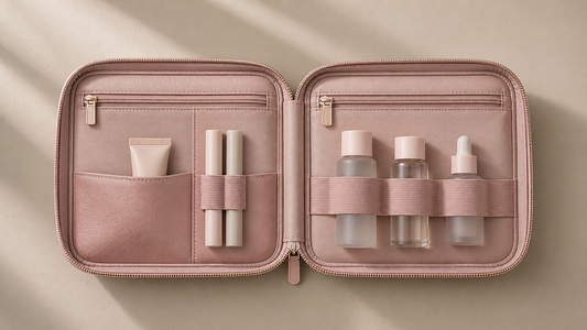 Travel beauty organizer with consistent structure and stable item placement during travel