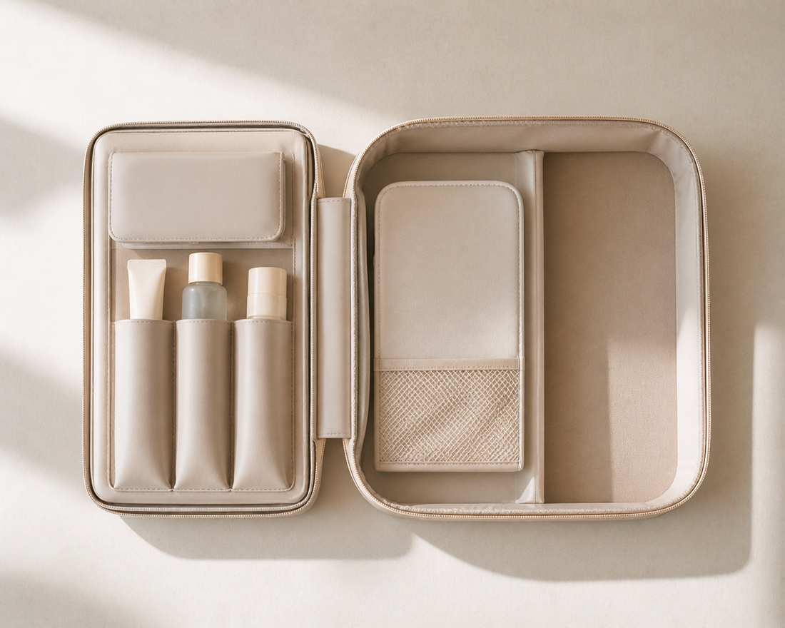 Travel beauty system for minimizing unpacking effort with structured compartments