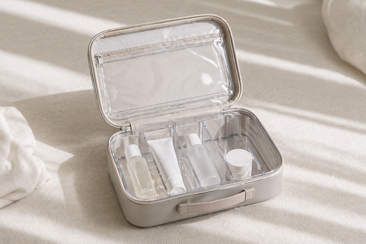 Compact travel beauty organizer with separated compartments and minimal items arranged for efficient packing.