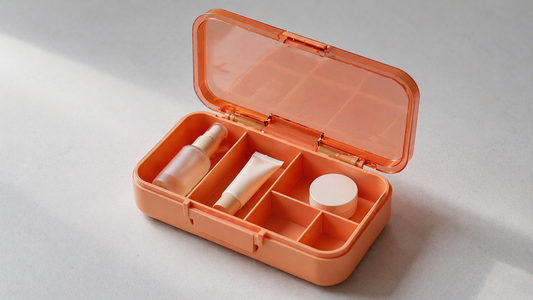 Compact travel beauty organizer arranged for quick access and clear compartment separation.