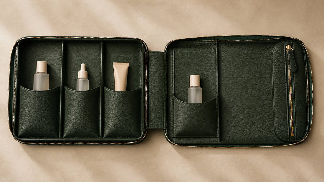 Travel beauty spacing layout with evenly spaced items for stability during movement