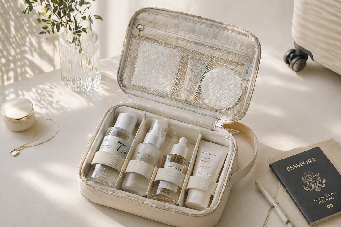 Compact travel organizer with minimal items arranged for efficient packing