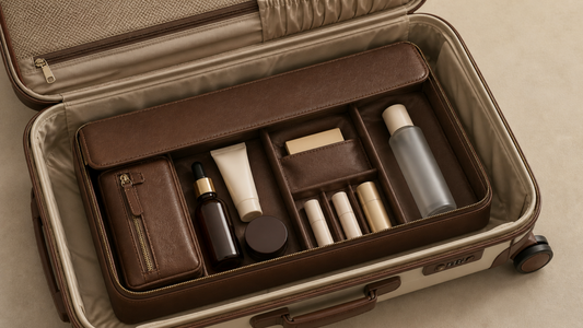 Travel beauty layout arranged compactly inside suitcase for efficient space use