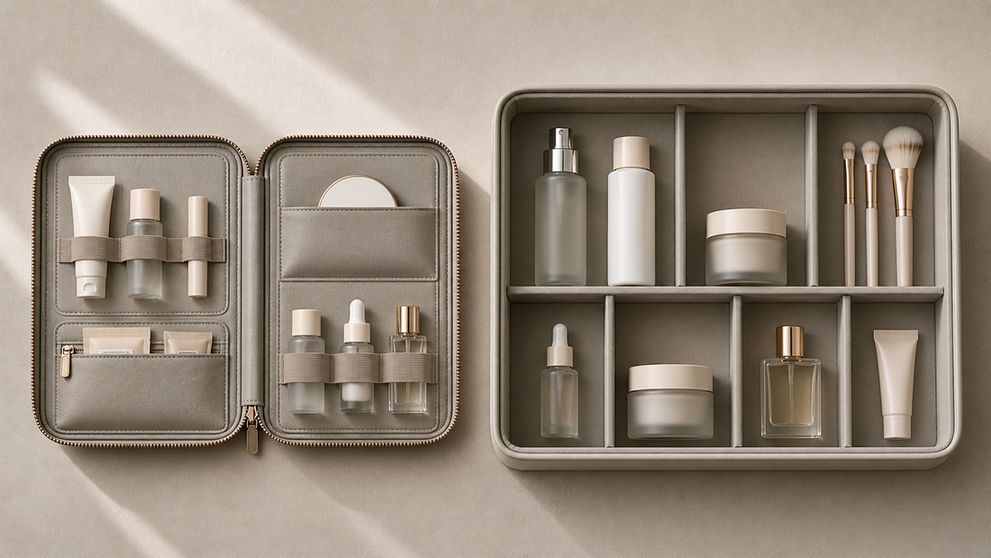 Travel beauty organizer compared with home organizer showing temporary vs stable structure