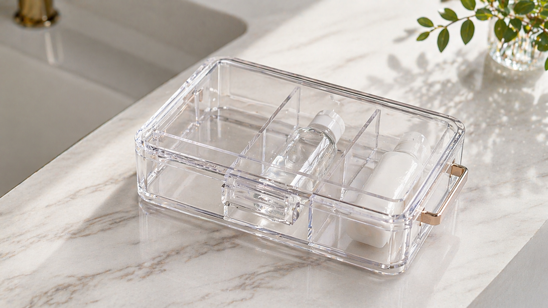 Clear hard travel organizer with two cosmetic items arranged for compact carry-on packing.