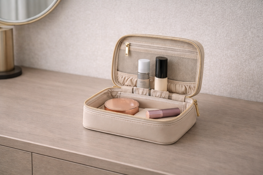 Small travel cosmetic pouch arranged for short-trip organization.