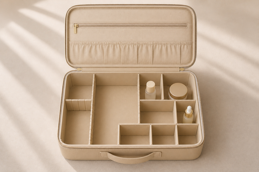 Travel beauty organizer reducing packing friction with clear structure.
