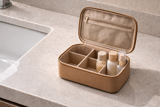 Open travel beauty organizer with structured compartments holding three bottles, placed away from hotel sink to show controlled and spill-safe layout