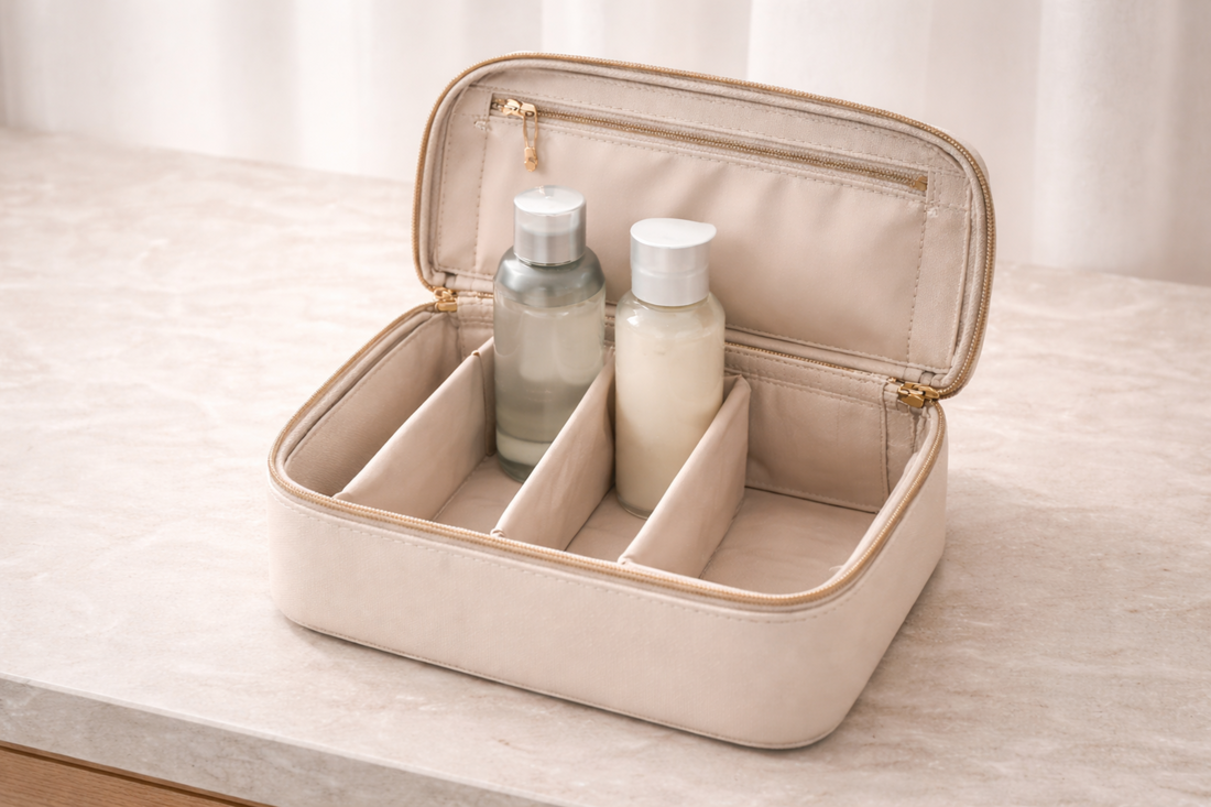 Travel organizer with separated compartments holding skincare bottles upright to prevent leaks.