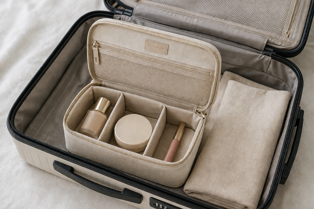 Travel makeup organizer arranged inside luggage with segmented layout.