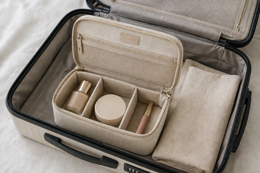 Travel makeup organizer arranged inside luggage with segmented layout.