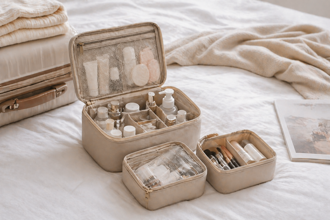 Travel makeup organizer with flexible modular compartments for different travel routines