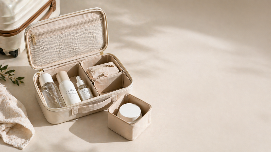 Travel makeup organizer with modular compartments for flexible packing and easy visibility