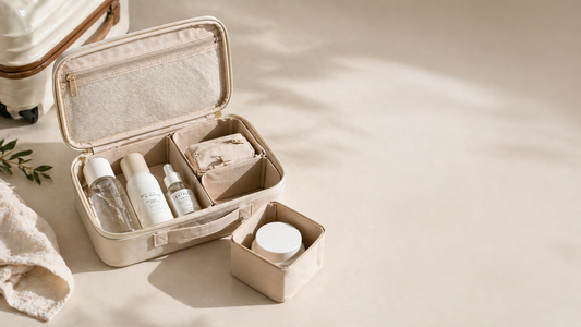 Travel makeup organizer with modular compartments for flexible packing and easy visibility