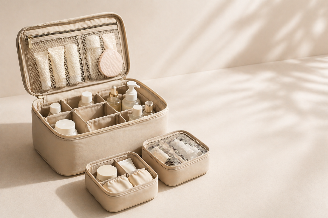Travel makeup organizer with modular compartments for flexible packing and easy visibility