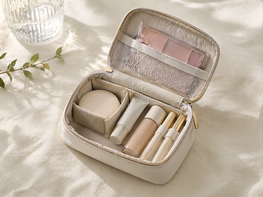 compact travel makeup pouch with 4 items arranged in fixed compartments with visible spacing for efficient small pouch organization