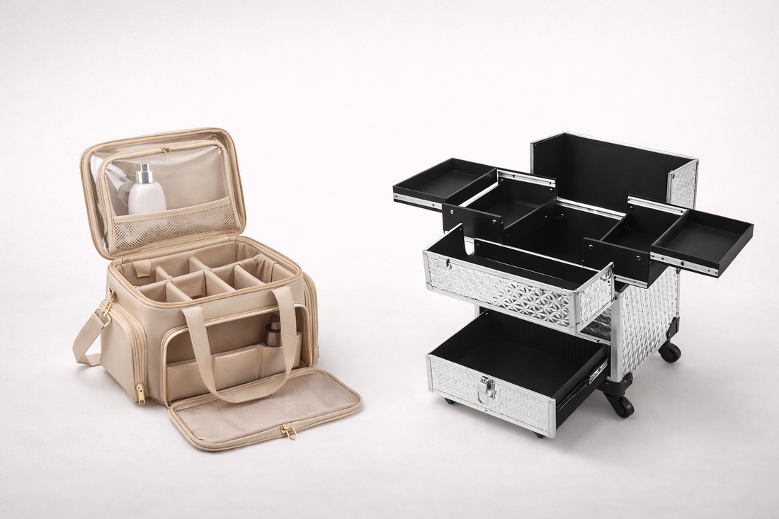 Minimalist clear acrylic travel storage layout with soft shadows on a matte microcement surface for efficient packing.