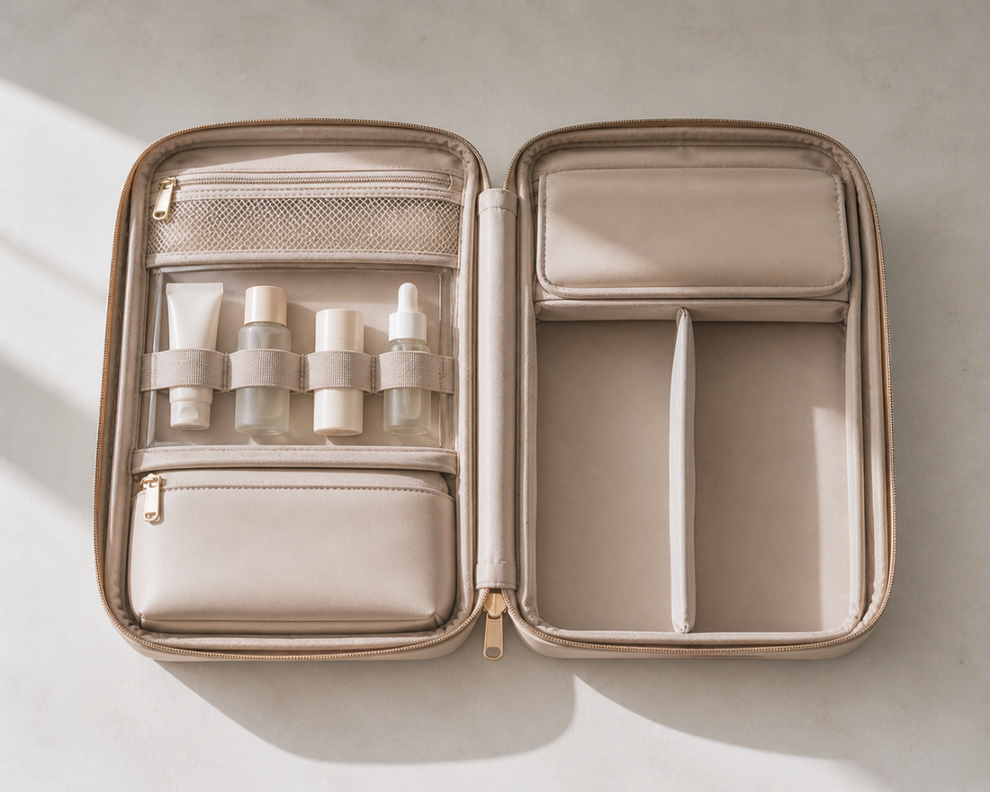 Travel organizer layout for reducing packing time with structured compartments