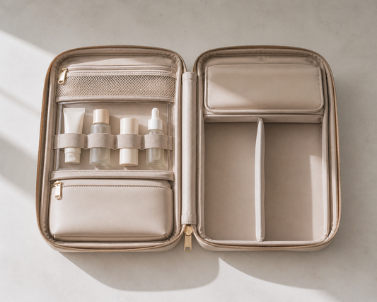 Travel organizer layout for reducing packing time with structured compartments