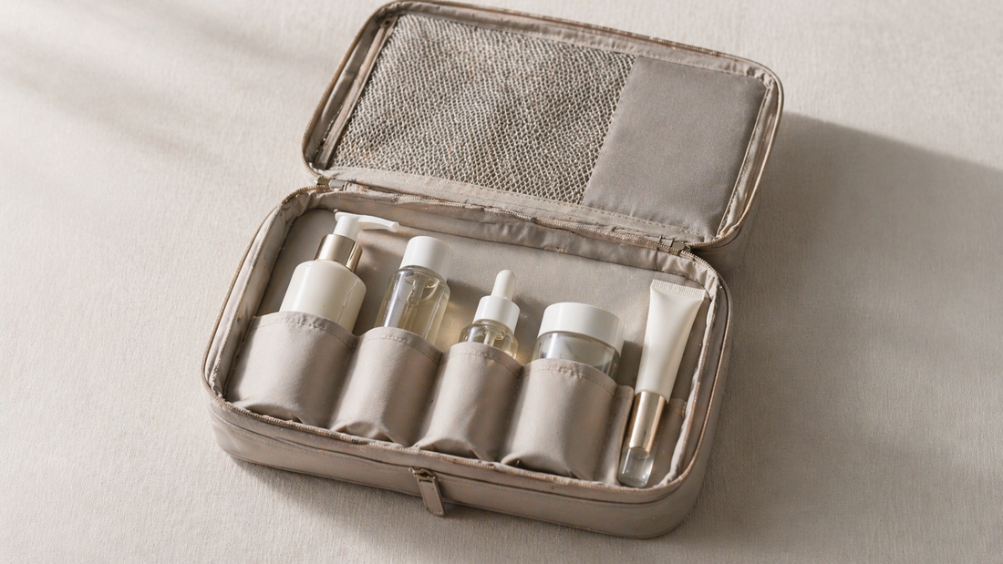 Travel organizer with items arranged in a clear left-to-right packing sequence for faster packing.