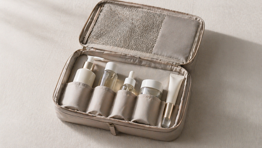 Travel organizer with items arranged in a clear left-to-right packing sequence for faster packing.