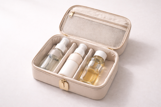 Three travel-size bottles tightly fitted in structured compartments inside a toiletry organizer to prevent movement and leaks during travel