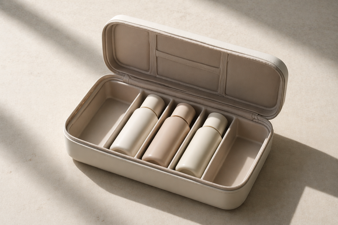 Toiletry bottles secured in tight-fit compartments preventing movement and leaks during travel
