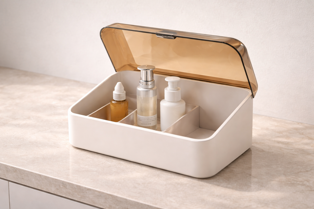 Skincare bottles stored in a partially covered organizer to reduce direct sunlight exposure and maintain product stability.