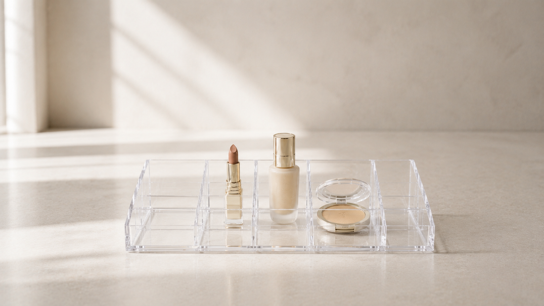 Transparent makeup organizer with clean spacing for reduced vanity clutter.