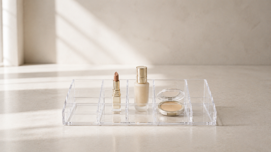 Transparent makeup organizer with clean spacing for reduced vanity clutter.