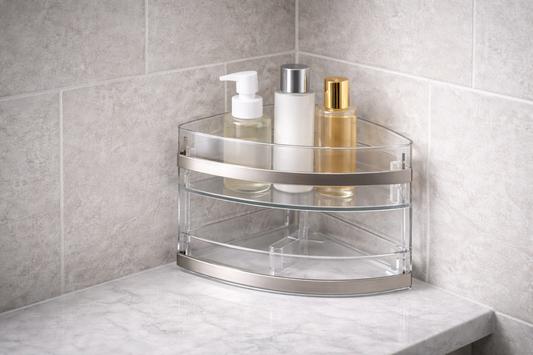 Compact corner organizer placed in an unused bathroom vanity corner with clear structured spacing and no reflection interference