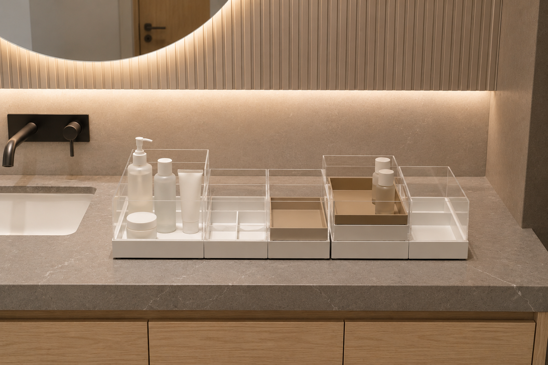 Bathroom vanity organizer with separated daily and backup skincare products.