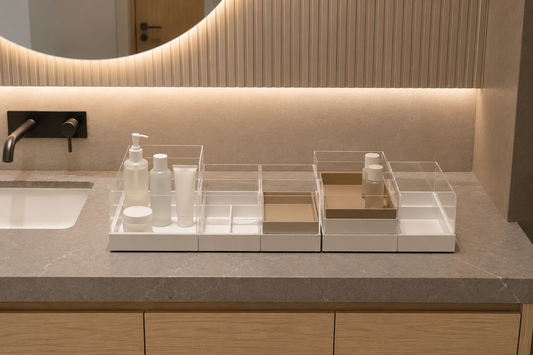 Bathroom vanity organizer with separated daily and backup skincare products.