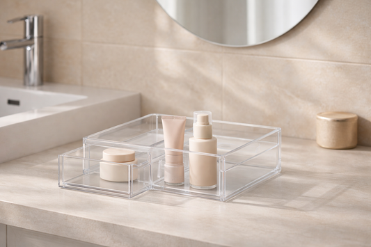 Vanity surface with fixed-position skincare items arranged for consistent daily routine structure