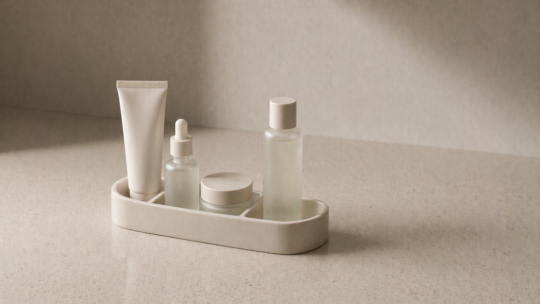 Vanity layout with a grouped cluster of daily items and one item placed separately.