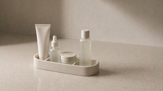 Vanity layout with a grouped cluster of daily items and one item placed separately.