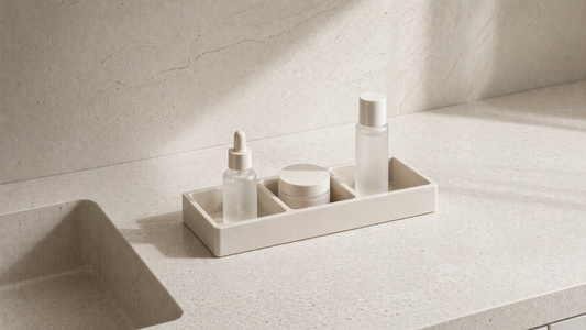 Vanity setup arranged with close-access zones to minimize hand movement