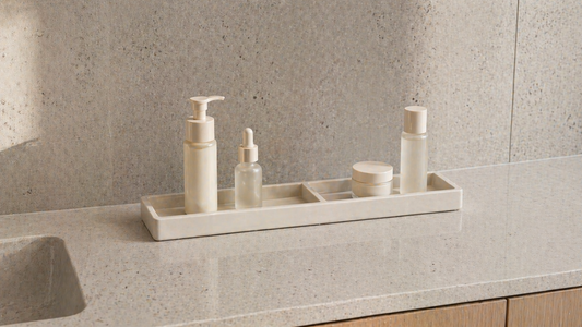 Vanity surface divided into morning and night zones with clear spacing.