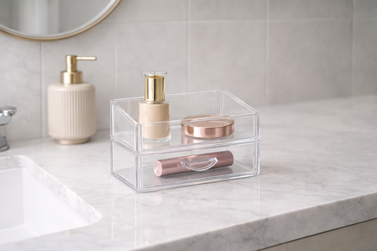 Vanity organizer arranged to support a structured morning routine.